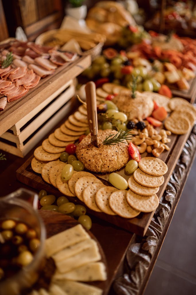 A beautifully arranged grazing table featuring cheeses, cold meats, fruits, and crackers.